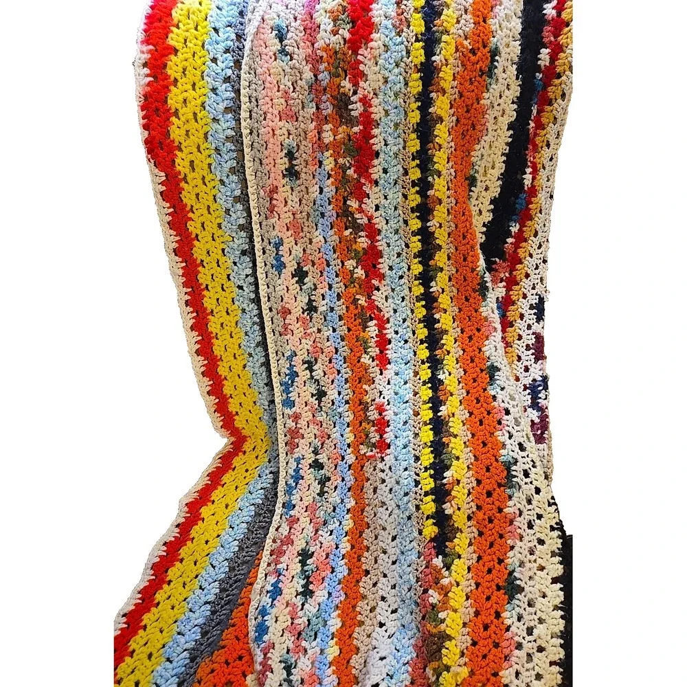 Vtg Crochet Blanket Throw Handmade Granny Stripe Multicolor Boho 56x47 Afghan